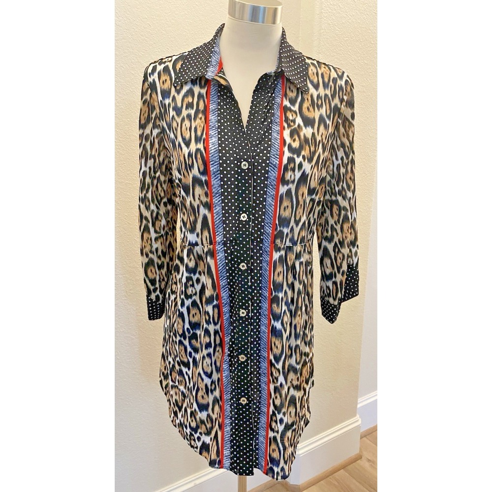 Nygard M Button Down Long Tunic Top Nylon Slinky Leopard 3/4 Dot Banded Sleeves